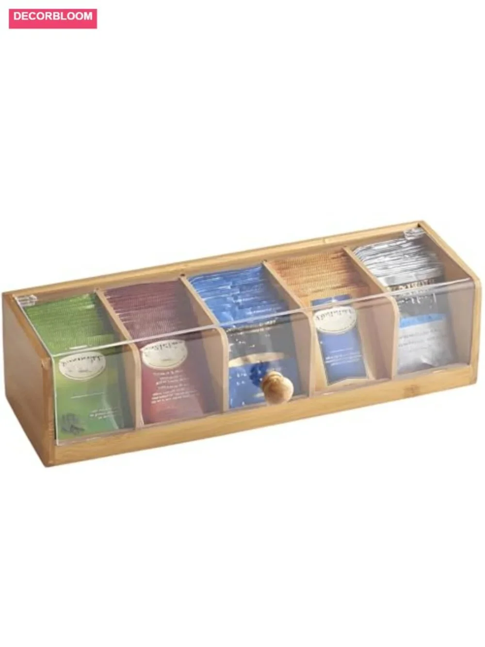 Bamboo Tea Bag Organizer with 5 Compartments and Acrylic Window Countertop